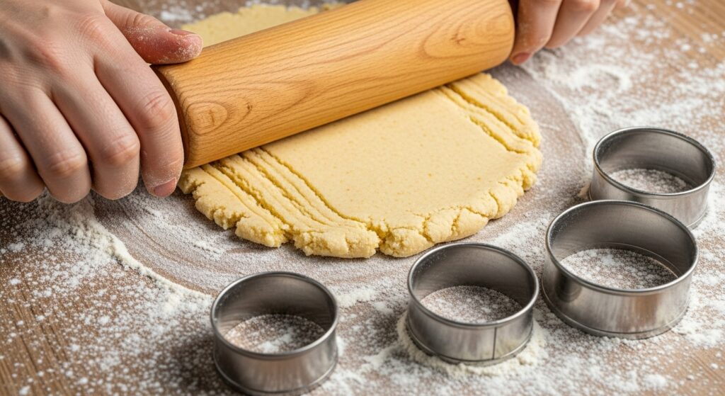 Massa da receita de alfajor caseiro sendo aberta com um rolo.