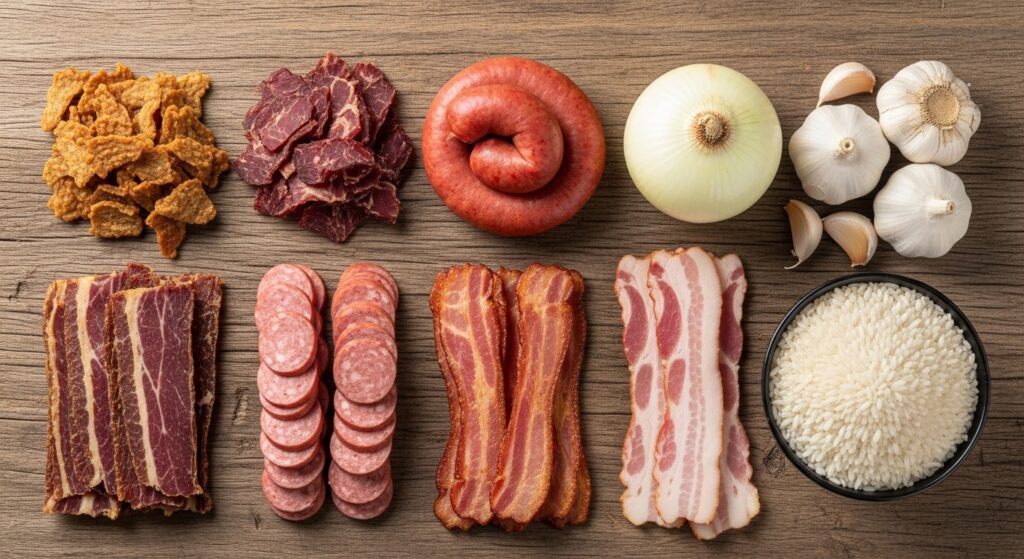 Ingredientes para a receita de arroz carreteiro simples organizados em uma bancada de madeira.