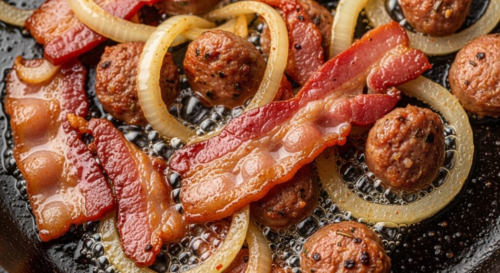 Refogado de carnes e temperos para a receita de arroz carreteiro simples em uma panela.