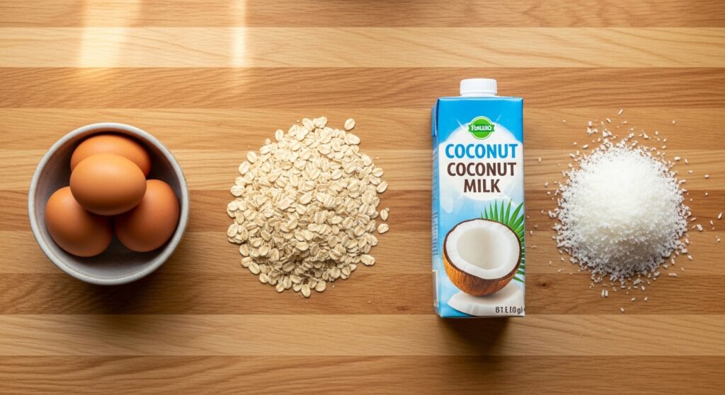 Ingredientes para a receita de bolo de aveia com coco organizados em uma bancada de cozinha.