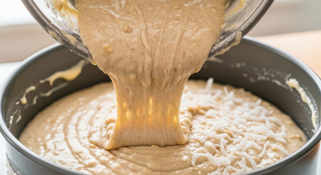 Massa da receita de bolo de aveia com coco sendo colocada na forma antes de assar.