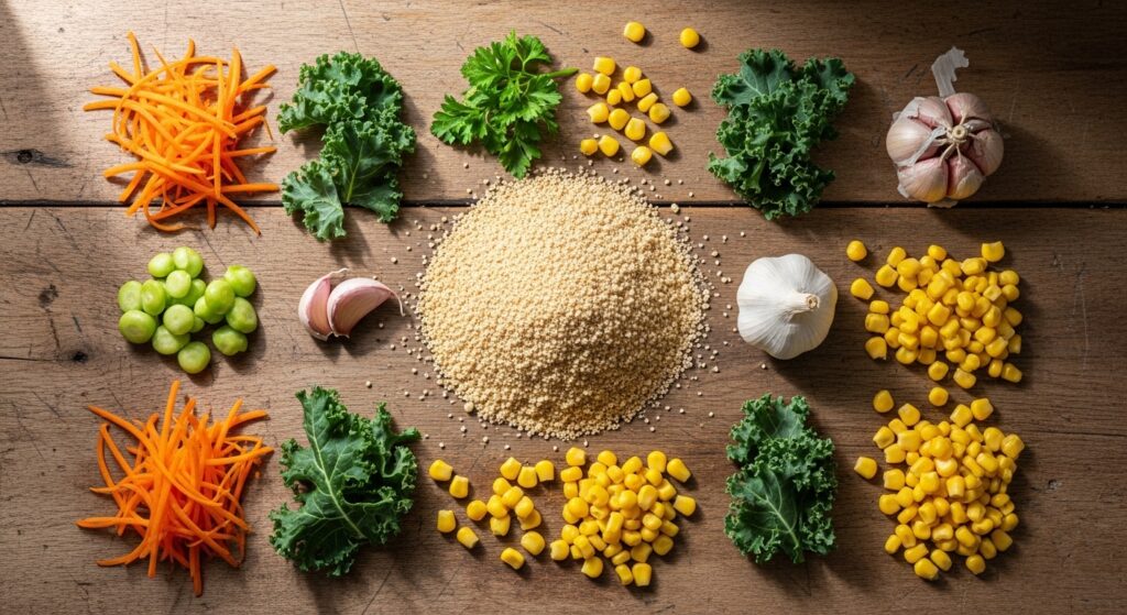 Ingredientes para a receita de hambúrguer vegetariano de soja organizados em uma bancada de cozinha.