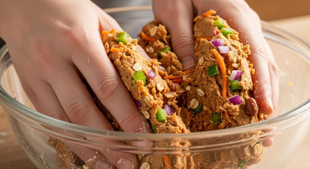 Massa da receita de hambúrguer vegetariano de soja sendo preparada em tigela de vidro.