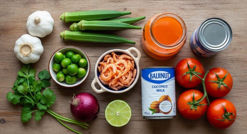 Ingredientes para a receita de quiabada com camarão seco organizados em uma bancada.