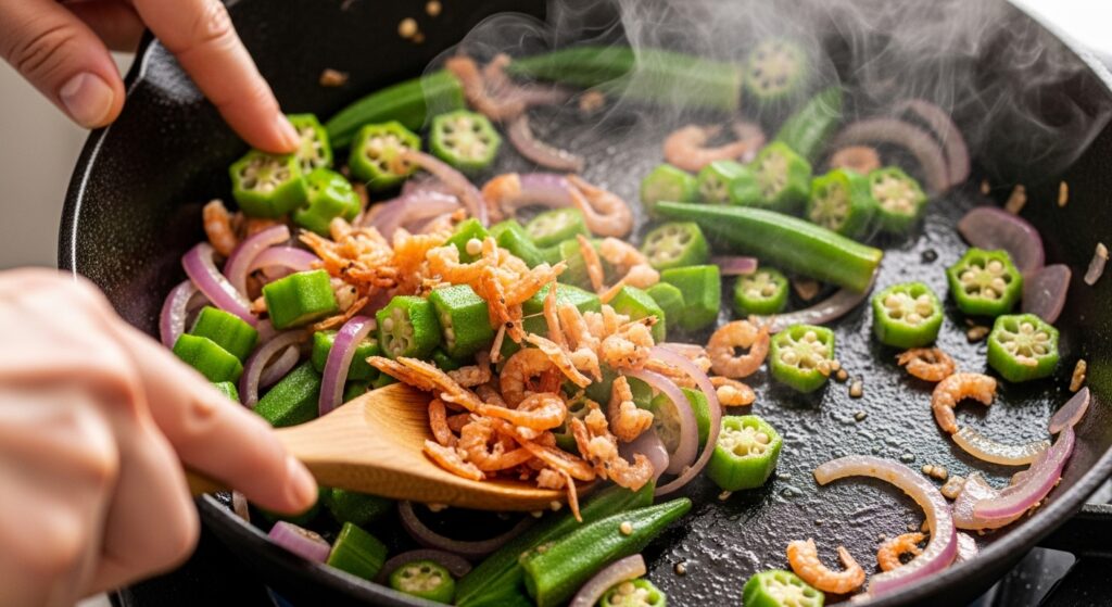 Preparo da receita de quiabada com camarão seco em uma panela.