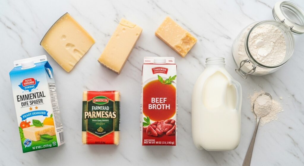 Ingredientes para a receita de sopa de creme de queijo organizados em uma bancada de cozinha.