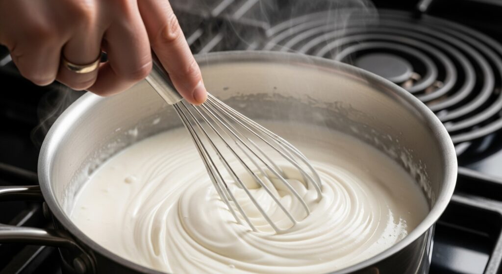 Preparo da base cremosa da receita de sopa de creme de queijo em uma panela.