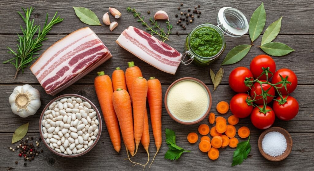 Ingredientes para a receita de sopa de inverno organizados em uma bancada de madeira.