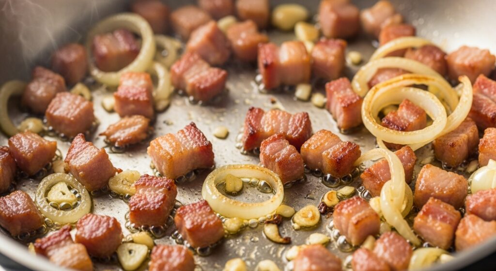 Refogado de pancetta e cebola para a receita de sopa de inverno.