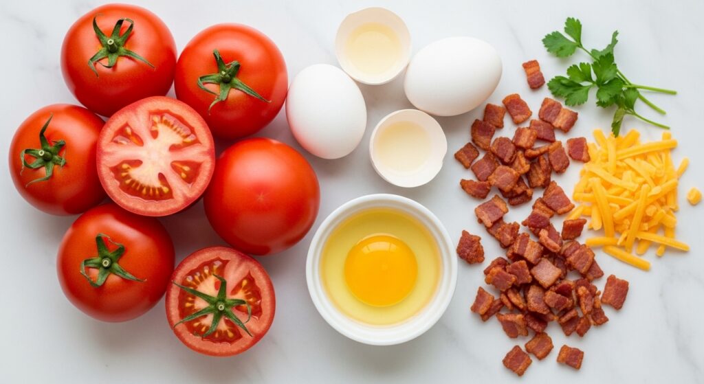 Ingredientes para a receita de tomate recheado com ovo e bacon organizados em uma bancada de cozinha
