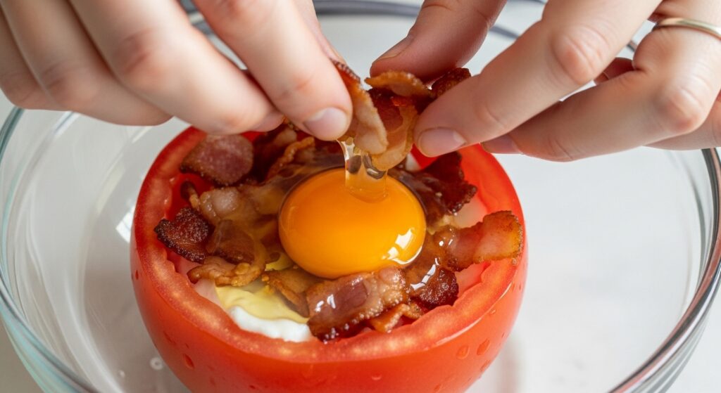 Preparo da receita de tomate recheado com ovo e bacon, mostrando o recheio sendo colocado no tomate.