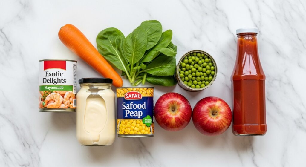 Ingredientes completos para a receita de salada exótica com delícias do mar, incluindo maionese e ketchup.