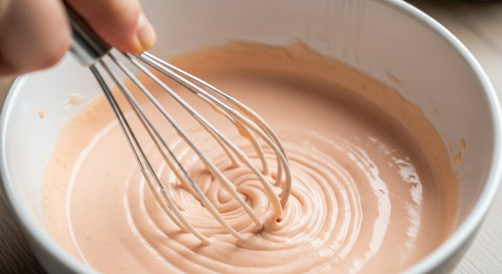 Preparando o molho rosé com maionese e ketchup para a salada exótica.