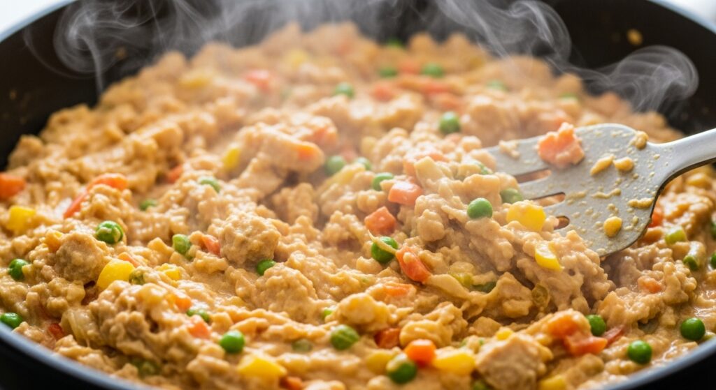 Recheio cremoso da receita de berinjela recheada ao forno sendo preparado na panela.