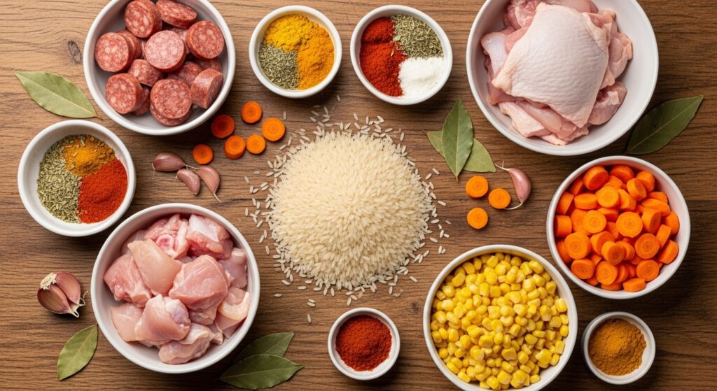 Ingredientes para a receita de galinhada com arroz organizados em uma bancada de cozinha.