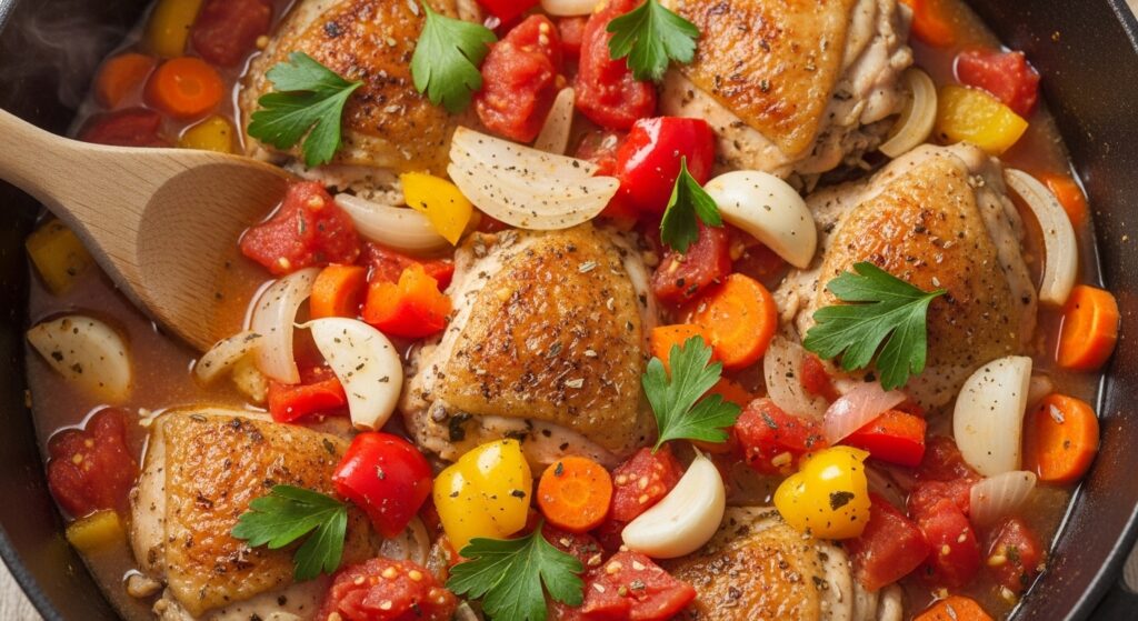 Refogado da receita de galinhada com arroz sendo preparado em uma panela.