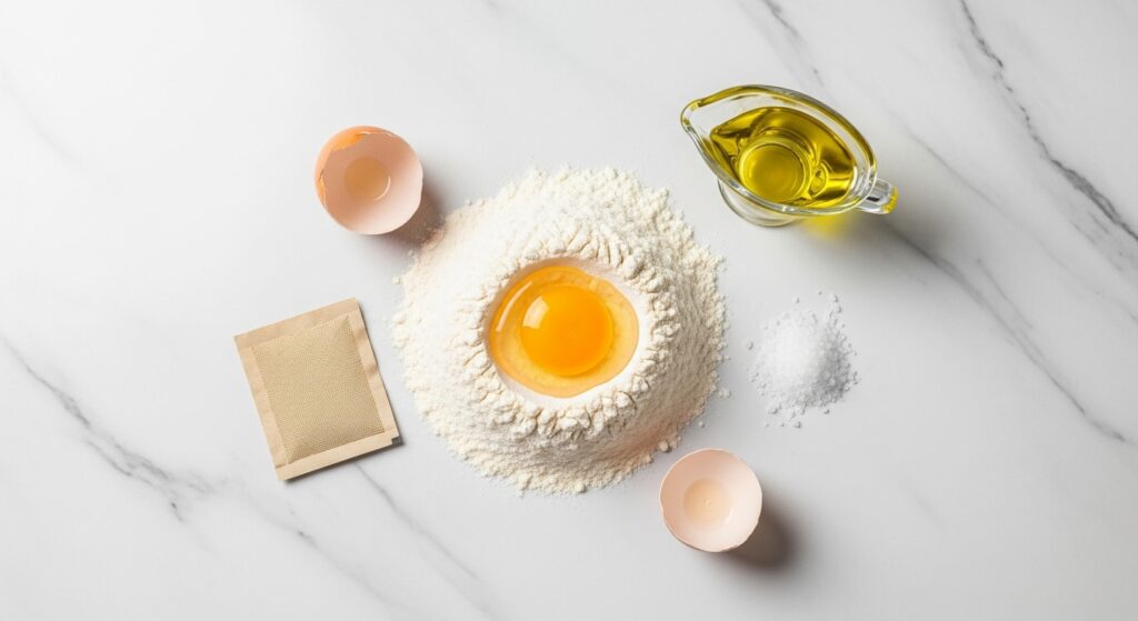 Ingredientes para a receita de massa de pizza fácil organizados em uma bancada de cozinha.