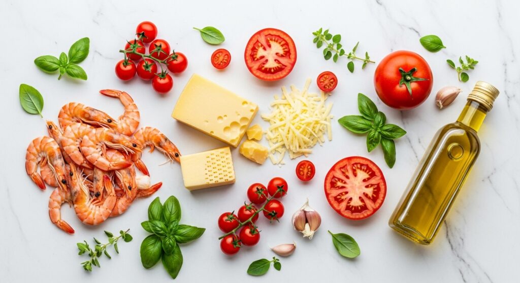 Ingredientes para a receita de pizza de camarão organizados em uma bancada de cozinha.