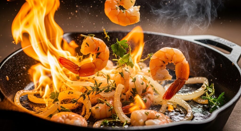 Camarões da receita de pizza de camarão sendo flambados em uma frigideira.