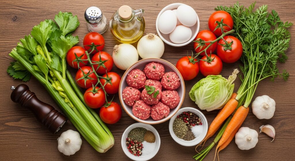 Ingredientes para a receita de sopa com almôndegas organizados em uma bancada de cozinha.