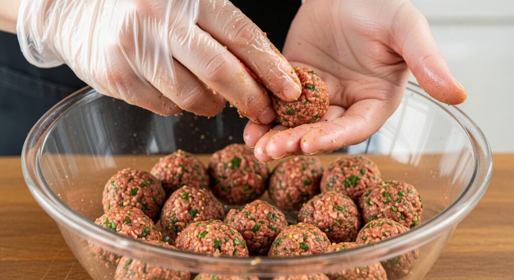 Massa da receita de sopa com almôndegas sendo modelada em bolinhas.