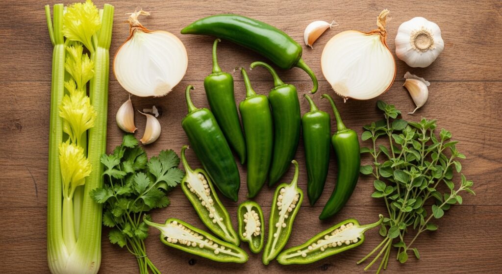 Ingredientes para a receita de sopa de pimentão verde organizados em uma bancada de cozinha.