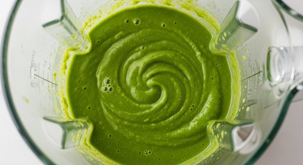 Purê da receita de sopa de pimentão verde sendo preparado em liquidificador de vidro.