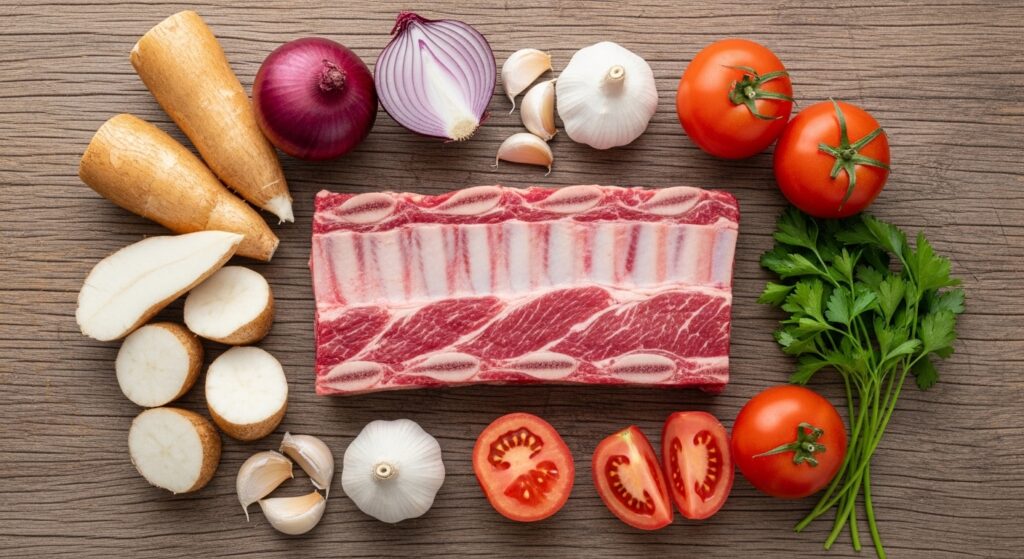 Ingredientes para a receita de vaca atolada organizados em uma bancada de cozinha.