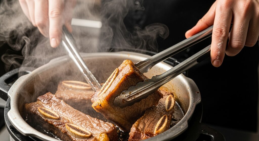 Costela bovina sendo selada na panela para a receita de vaca atolada.