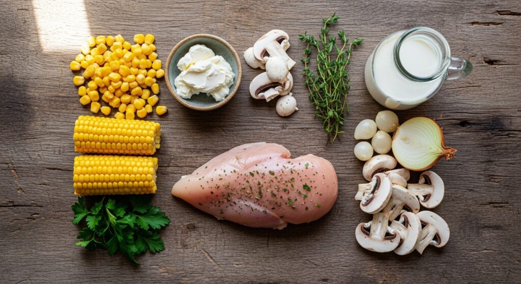 Ingredientes para a receita de fricassé de frango organizados em uma bancada de cozinha.