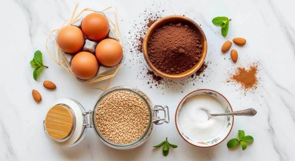 Ingredientes para a receita de bolo de chocolate com doce de leite fit organizados em uma bancada de cozinha.