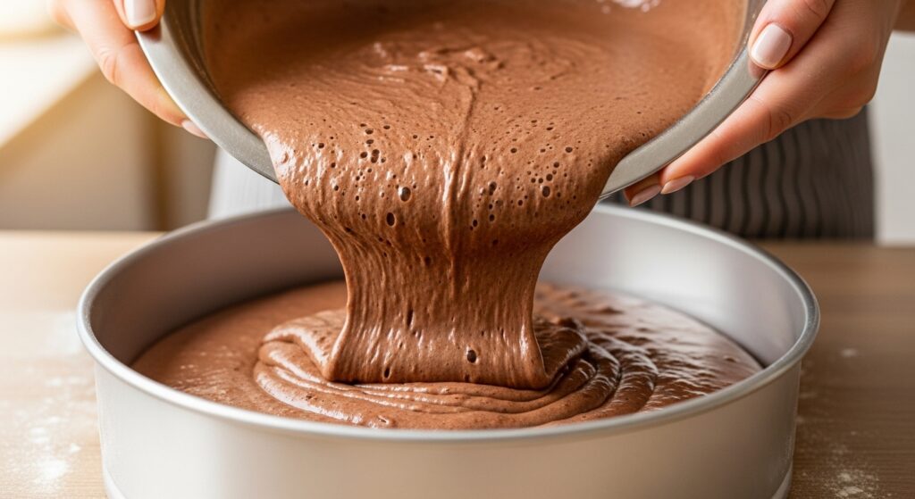 Massa da receita de bolo de chocolate com doce de leite fit sendo preparada.