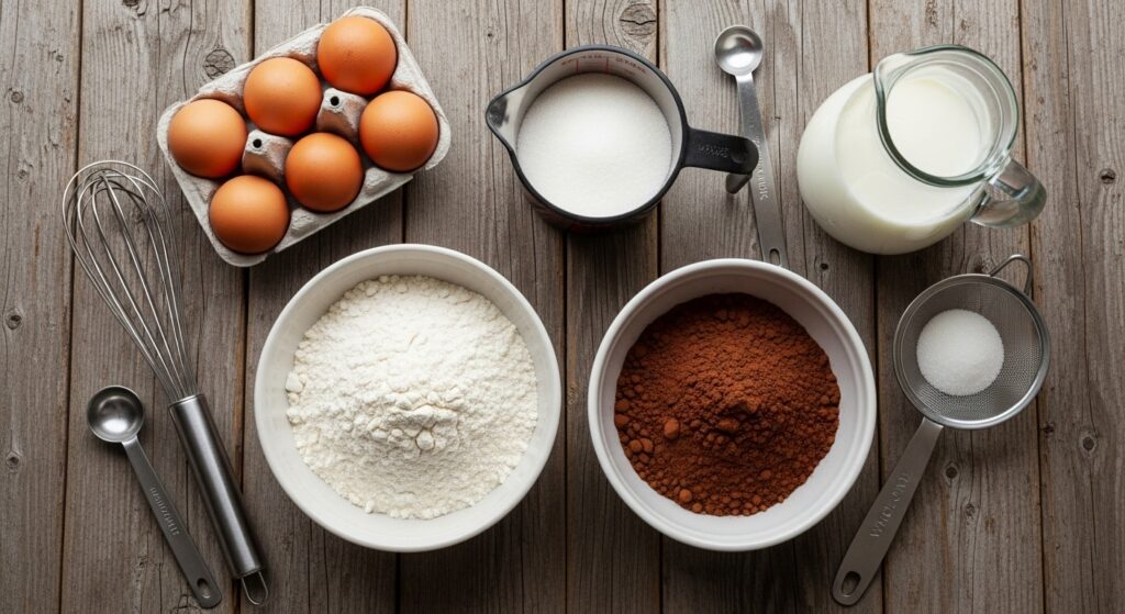 Ingredientes para a receita de bolo de chocolate de liquidificador organizados em uma bancada de cozinha.