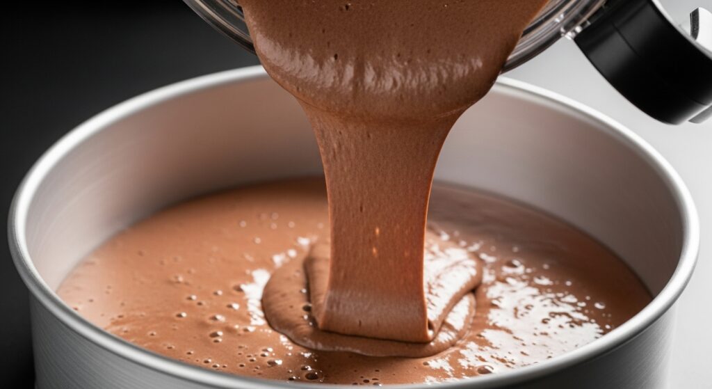 Massa da receita de bolo de chocolate de liquidificador sendo despejada na forma.