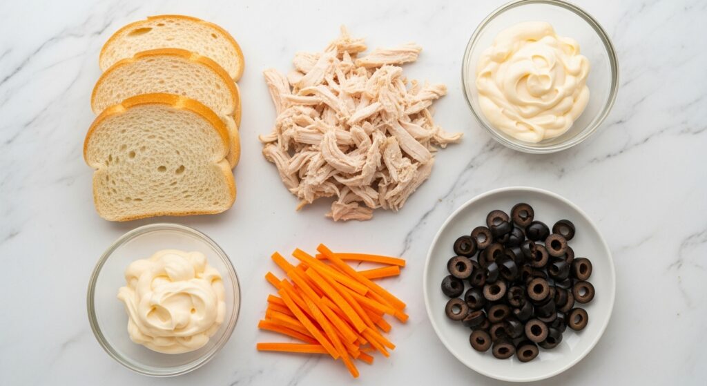 Ingredientes para a receita de bolo salgado de frango com pão de forma organizados em uma bancada de cozinha.