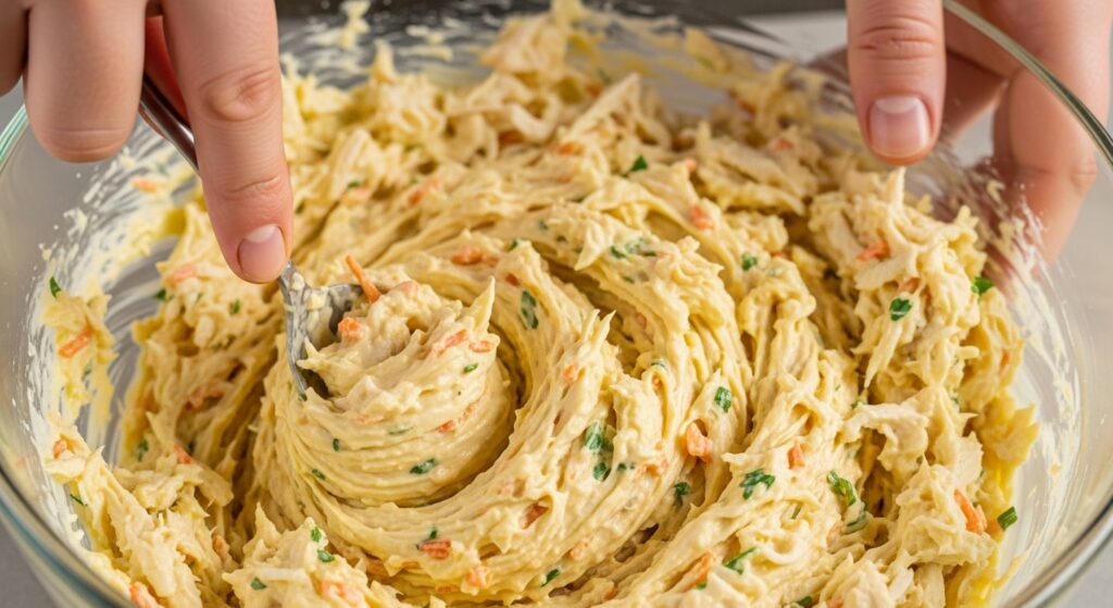 Montagem da receita de bolo salgado de frango com pão de forma em uma travessa.