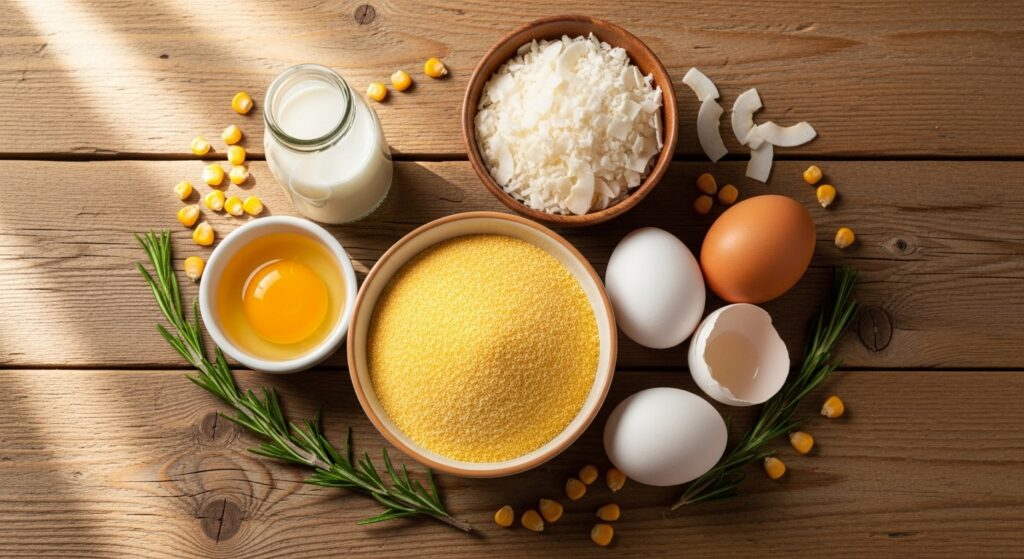 Ingredientes para receita de broa de fubá fofinha organizados em uma bancada de cozinha.