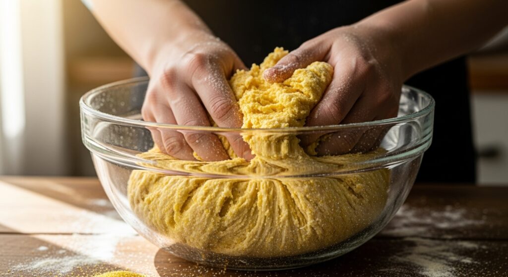 Massa da receita de broa de fubá fofinha sendo preparada em tigela de vidro.