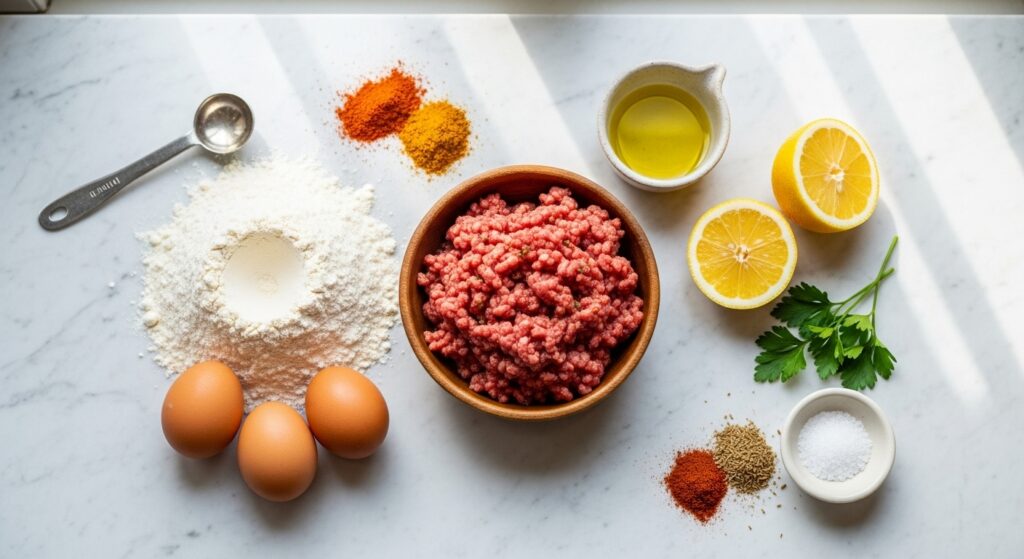 Ingredientes para a receita de esfiha aberta tipo Habib's organizados em uma bancada de cozinha.