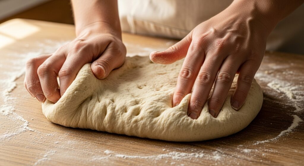 Massa da receita de esfiha aberta tipo Habib's sendo preparada em bancada de madeira.