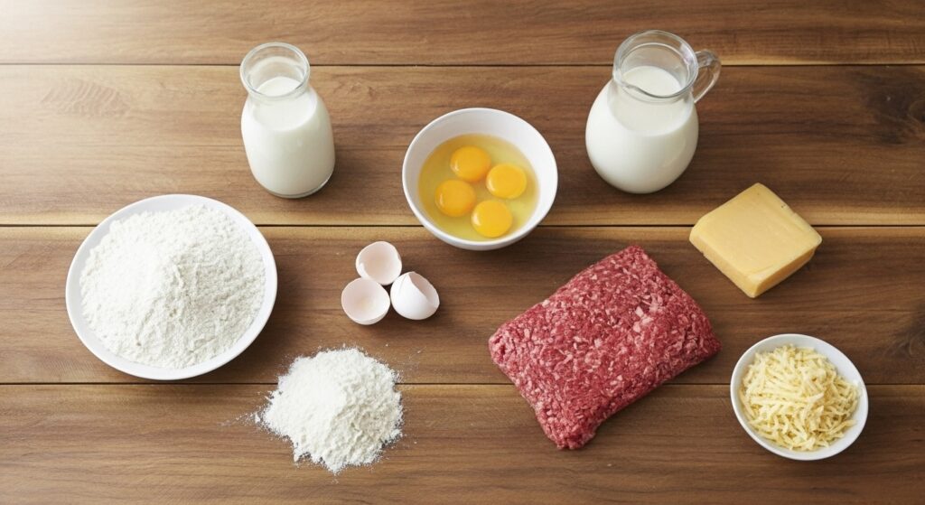 Ingredientes para a receita de lasanha de panqueca com molho branco organizados em uma bancada de cozinha.