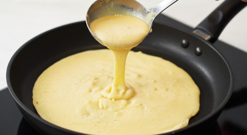 Massa de panqueca sendo preparada na frigideira para a receita de lasanha de panqueca com molho branco.