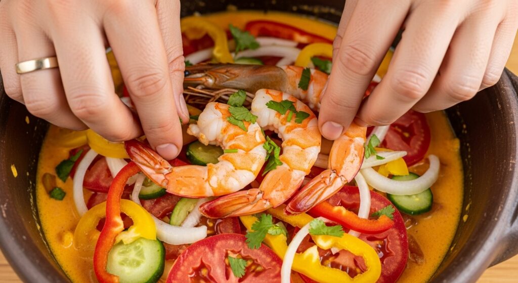 Montagem das camadas da receita de moqueca de camarão baiana em panela de barro.