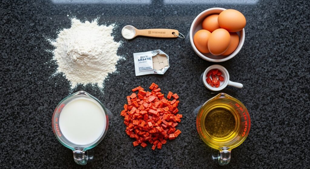 Ingredientes para a receita de pão de liquidificador recheado com calabresa organizados em uma bancada de cozinha.