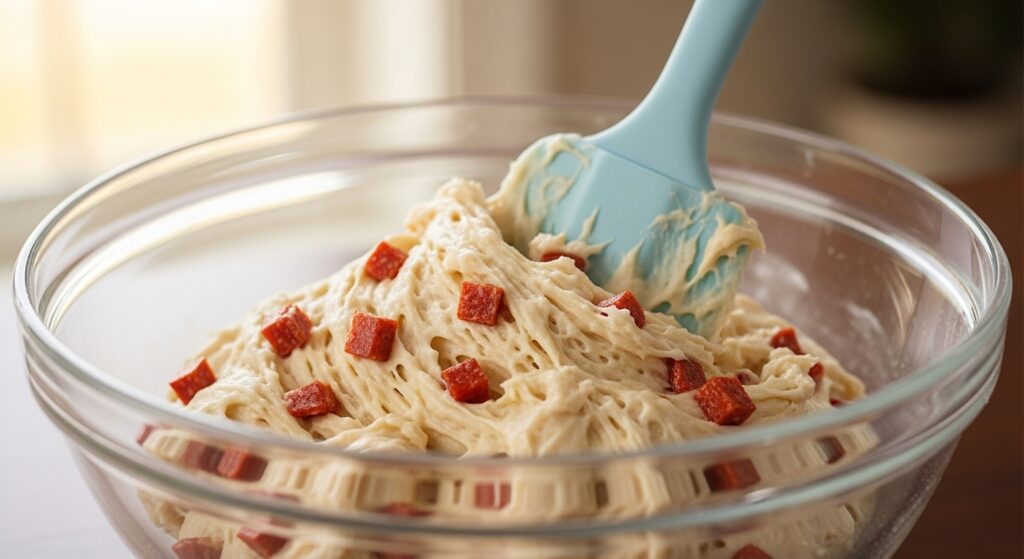 Receita de pão de liquidificador recheado com calabresa assando no forno.