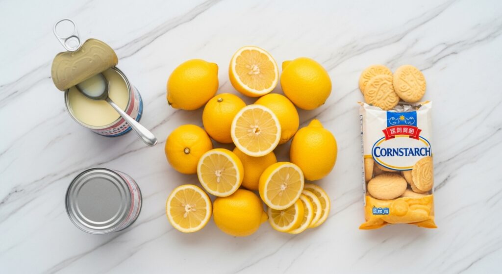 Ingredientes para a receita de pavê de limão com 3 ingredientes organizados em uma bancada.