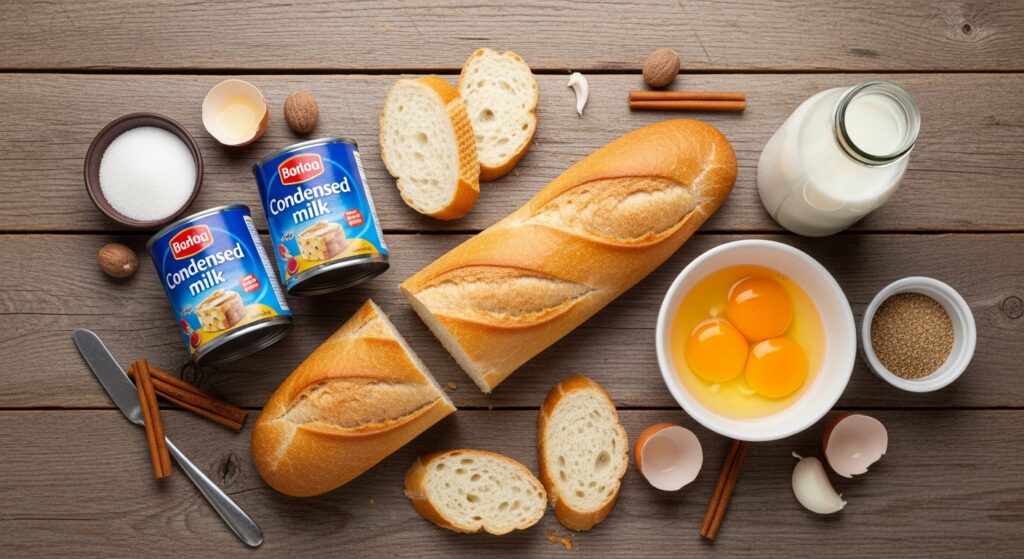 Ingredientes para a receita de pudim de pão amanhecido cremoso organizados em uma bancada de cozinha.