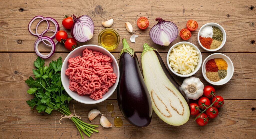 Ingredientes para a receita de berinjela recheada com carne moída organizados em uma bancada de cozinha.