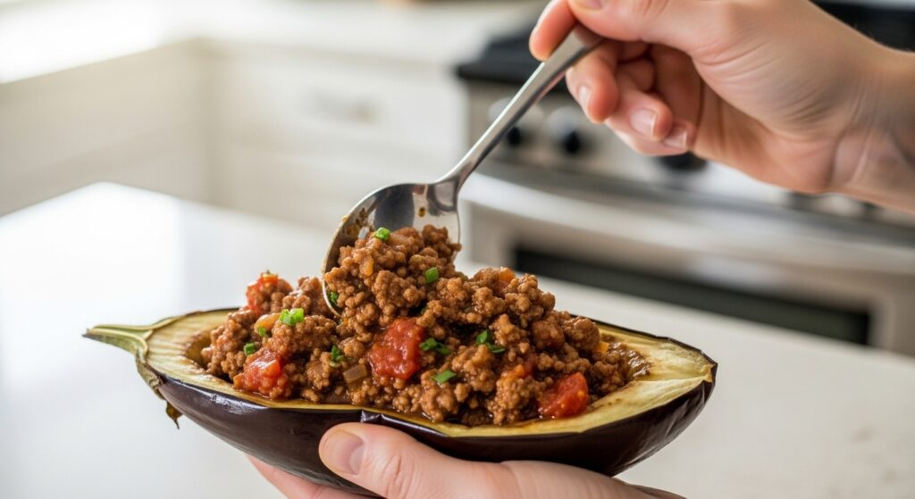 Mãos preparando a receita de berinjela recheada com carne moída em uma tigela de vidro.