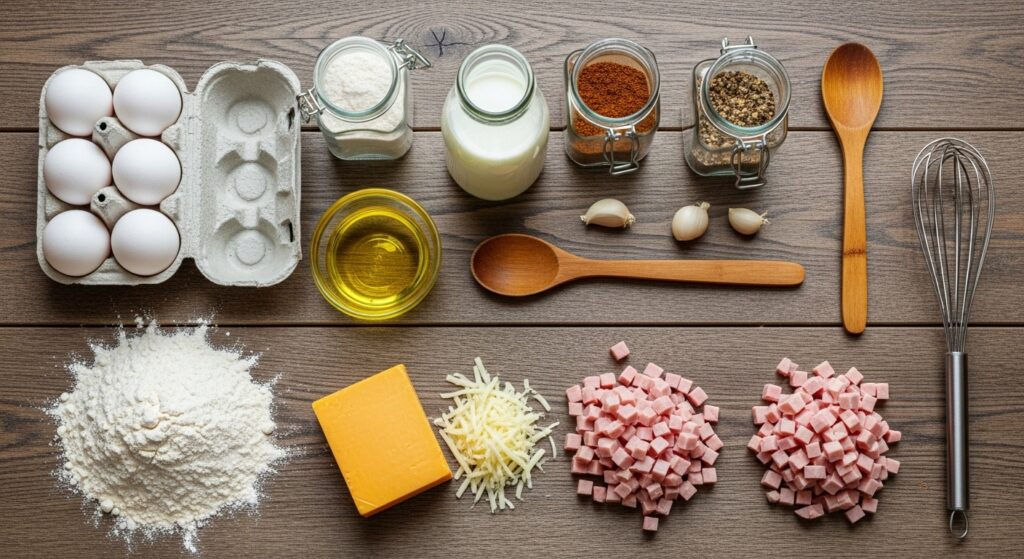 Ingredientes para a receita de bolo salgado de liquidificador organizados em uma bancada de cozinha.